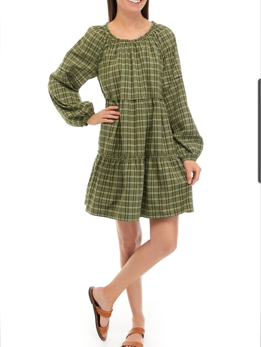 Wonderly Plaid Tiered Long-Sleeve Dress